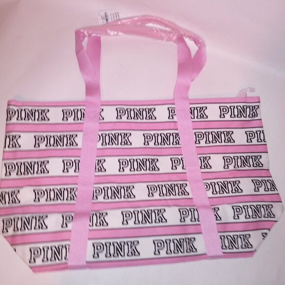 Victoria Secret PINK Tote Bag Pink White Stripe Logo Print Zip Closure Shoulder - Picture 9 of 12